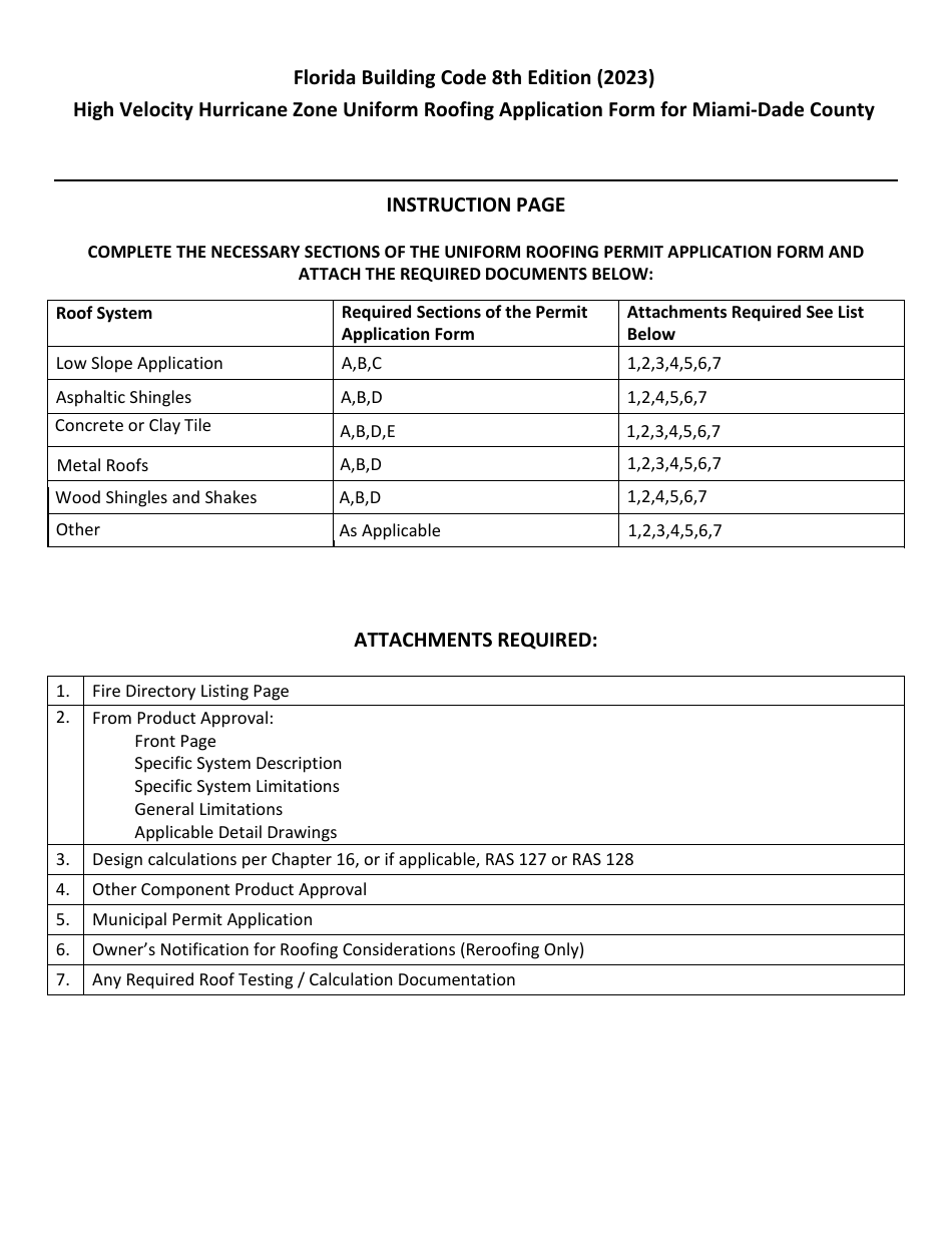 High Velocity Hurricane Zone Uniform Roofing Application Form - Miami-Dade County, Florida, Page 1