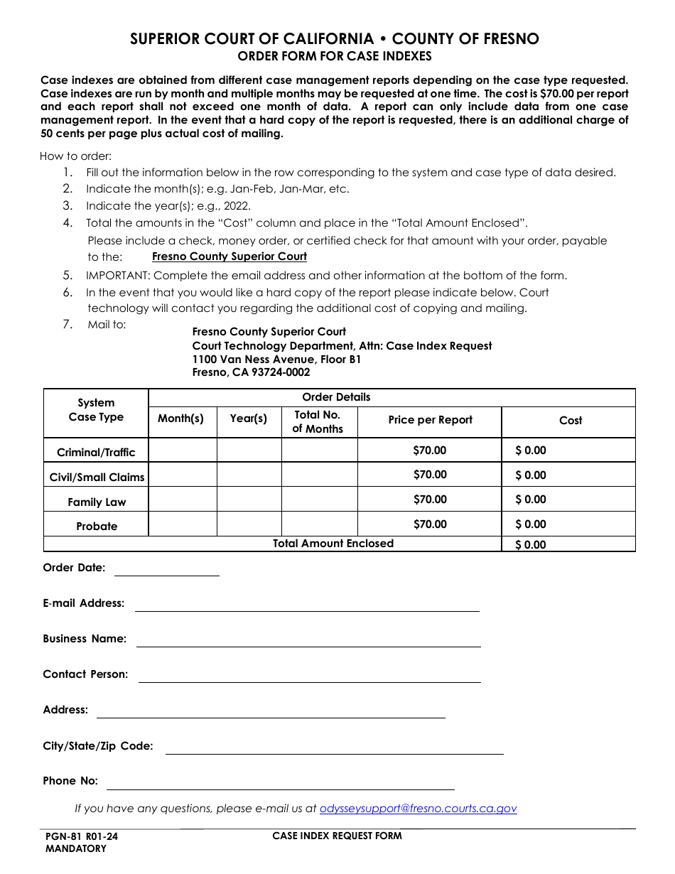 Form PGN-81 Order Form for Case Indexes - County of Fresno, California, Page 1