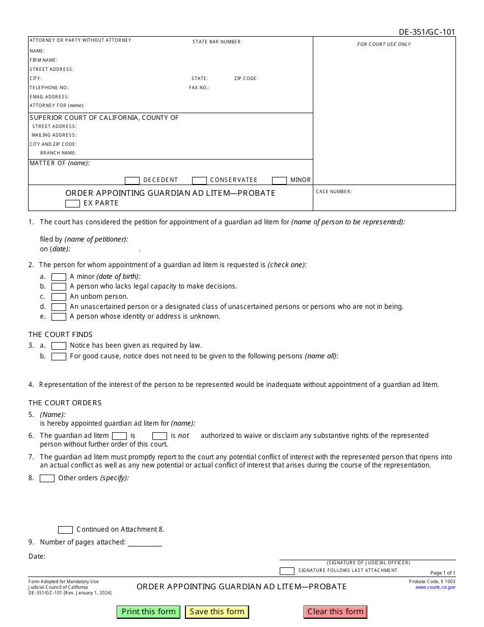 Form DE-351 (GC-101) Order Appointing Guardian Ad Litem - Probate - California, Page 1