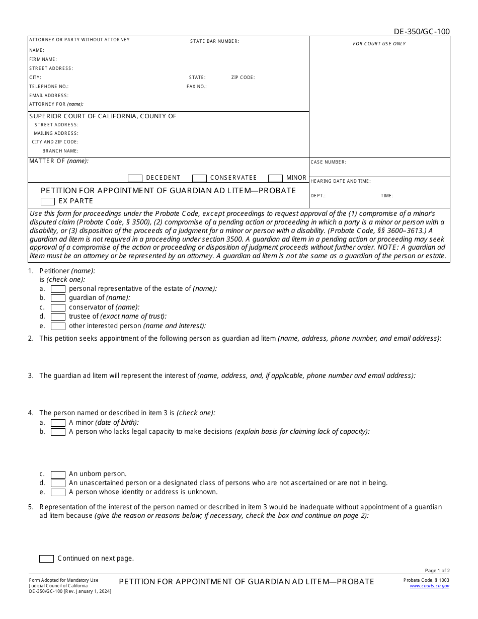 Form DE-350 (GC-100) Petition for Appointment of Guardian Ad Litem - Probate - California, Page 1