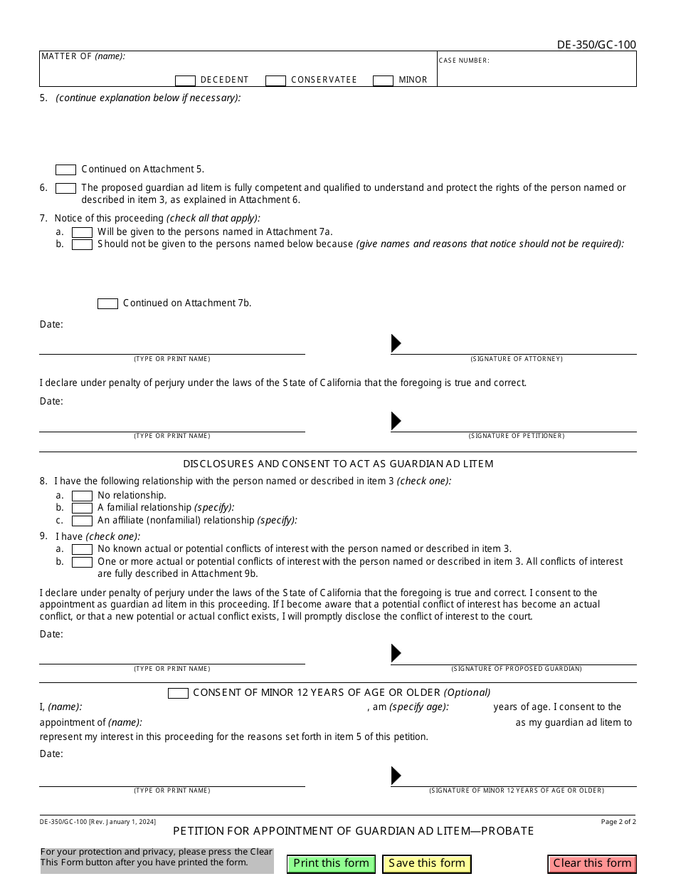 Form DE-350 (GC-100) Petition for Appointment of Guardian Ad Litem - Probate - California, Page 2