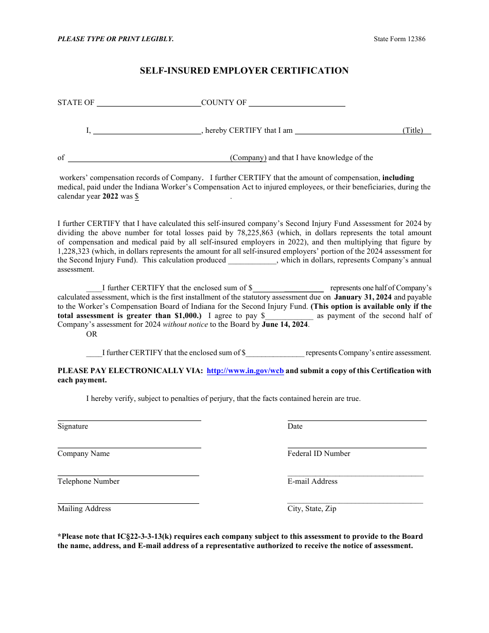 State Form 12386 Self-insured Employer Certification - Indiana, Page 1