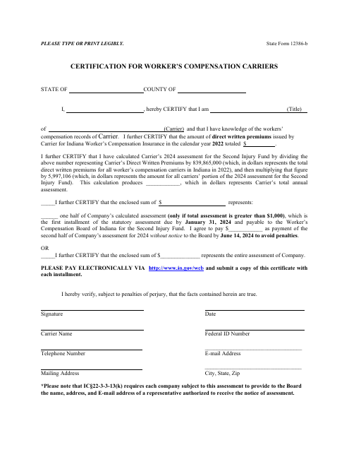 State Form 12386-B Certification for Worker's Compensation Carriers - Indiana, 2024