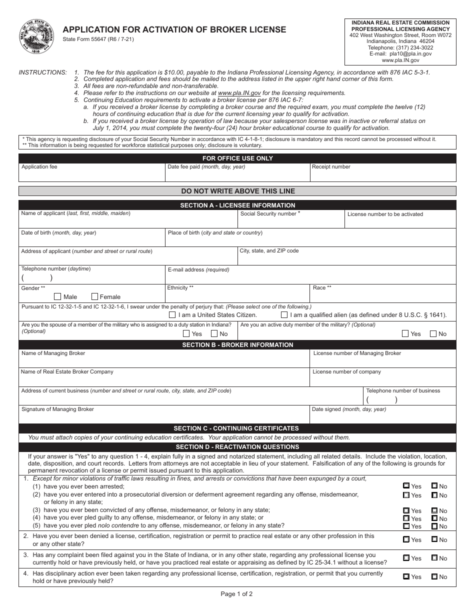 State Form 55647 Application for Activation of Broker License - Indiana, Page 1