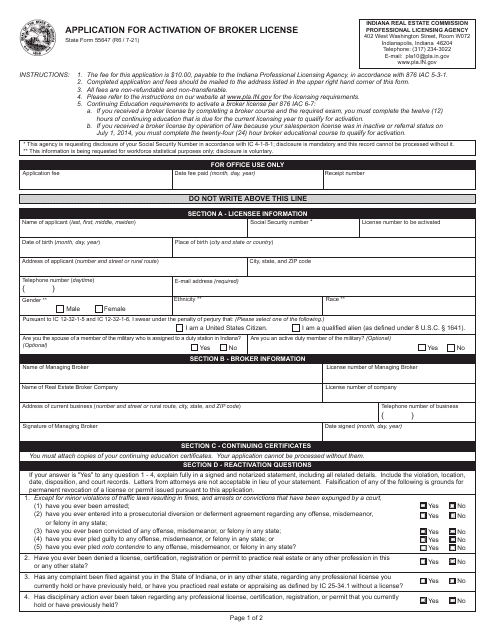 State Form 55647 Application for Activation of Broker License - Indiana