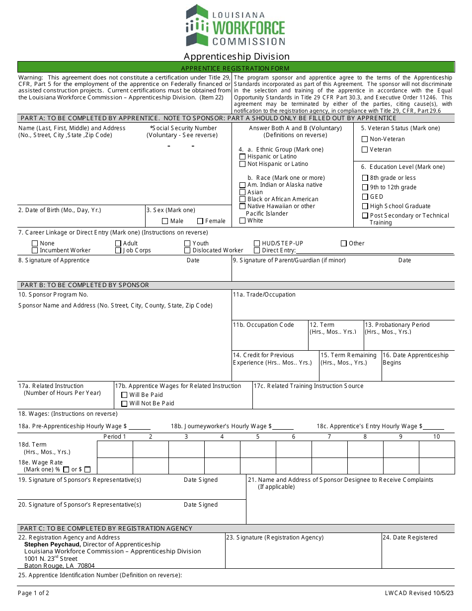 Apprentice Registration Form - Louisiana, Page 1