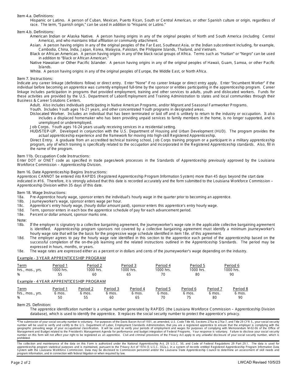 Apprentice Registration Form - Louisiana, Page 2