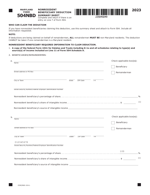 Maryland Form 504NBD (COM/RAD-319-1) Nonresident Beneficiary Deduction Summary Sheet - Maryland, 2023