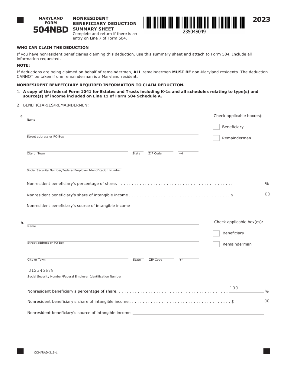 Maryland Form 504NBD (COM / RAD-319-1) Nonresident Beneficiary Deduction Summary Sheet - Maryland, Page 1
