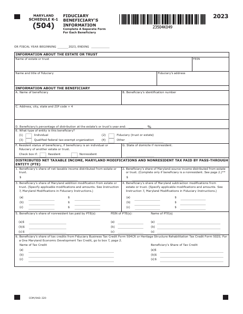 Maryland Form 504 (COM/RAD-320) Schedule K-1 2023 Printable Pdf