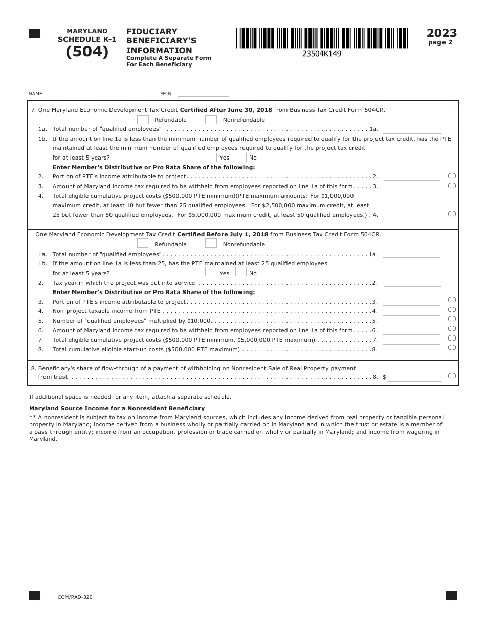 Maryland Form 504 (COM / RAD-320) Schedule K-1 Fiduciary Beneficiarys Information - Maryland, Page 2