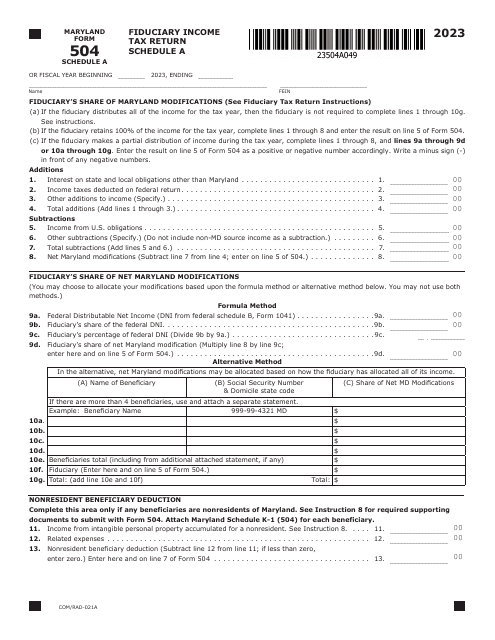 Maryland Form 504 (COM/RAD-021A) Schedule A Fiduciary Income Tax Return - Maryland, 2023