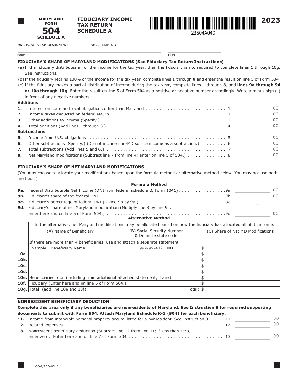 Maryland Form 504 (COM / RAD-021A) Schedule A Fiduciary Income Tax Return - Maryland, Page 1