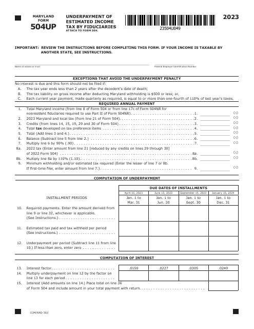 Maryland Form 504UP (COM/RAD-302) 2023 Printable Pdf