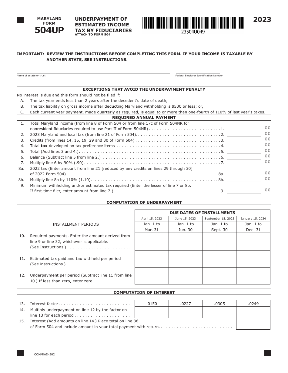 Maryland Form 504UP (COM / RAD-302) Underpayment of Estimated Income Tax by Fiduciaries - Maryland, Page 1