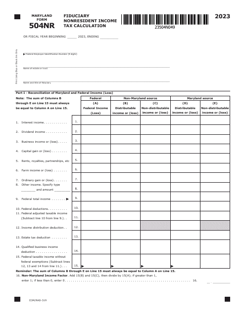 Maryland Form 504NR (COM/RAD-319) Fiduciary Nonresident Income Tax Calculation - Maryland, 2023