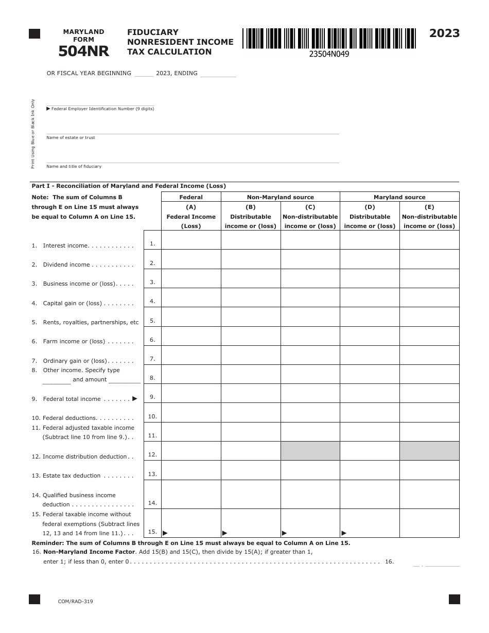 Maryland Form 504NR (COM / RAD-319) Fiduciary Nonresident Income Tax Calculation - Maryland, Page 1