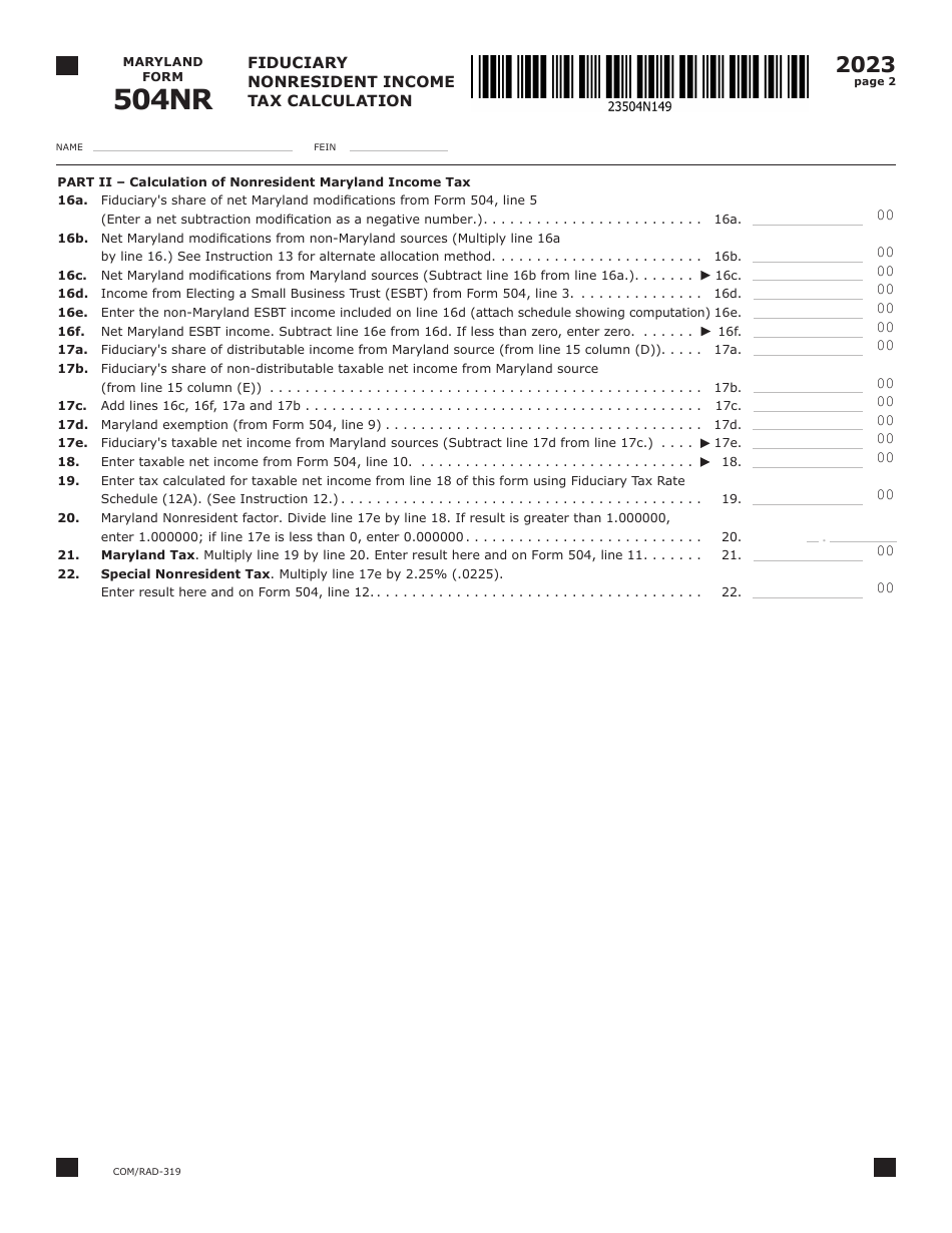 Maryland Form 504NR (COM / RAD-319) Fiduciary Nonresident Income Tax Calculation - Maryland, Page 2