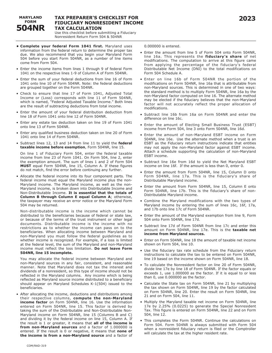 Maryland Form 504NR (COM / RAD-319) Fiduciary Nonresident Income Tax Calculation - Maryland, Page 3