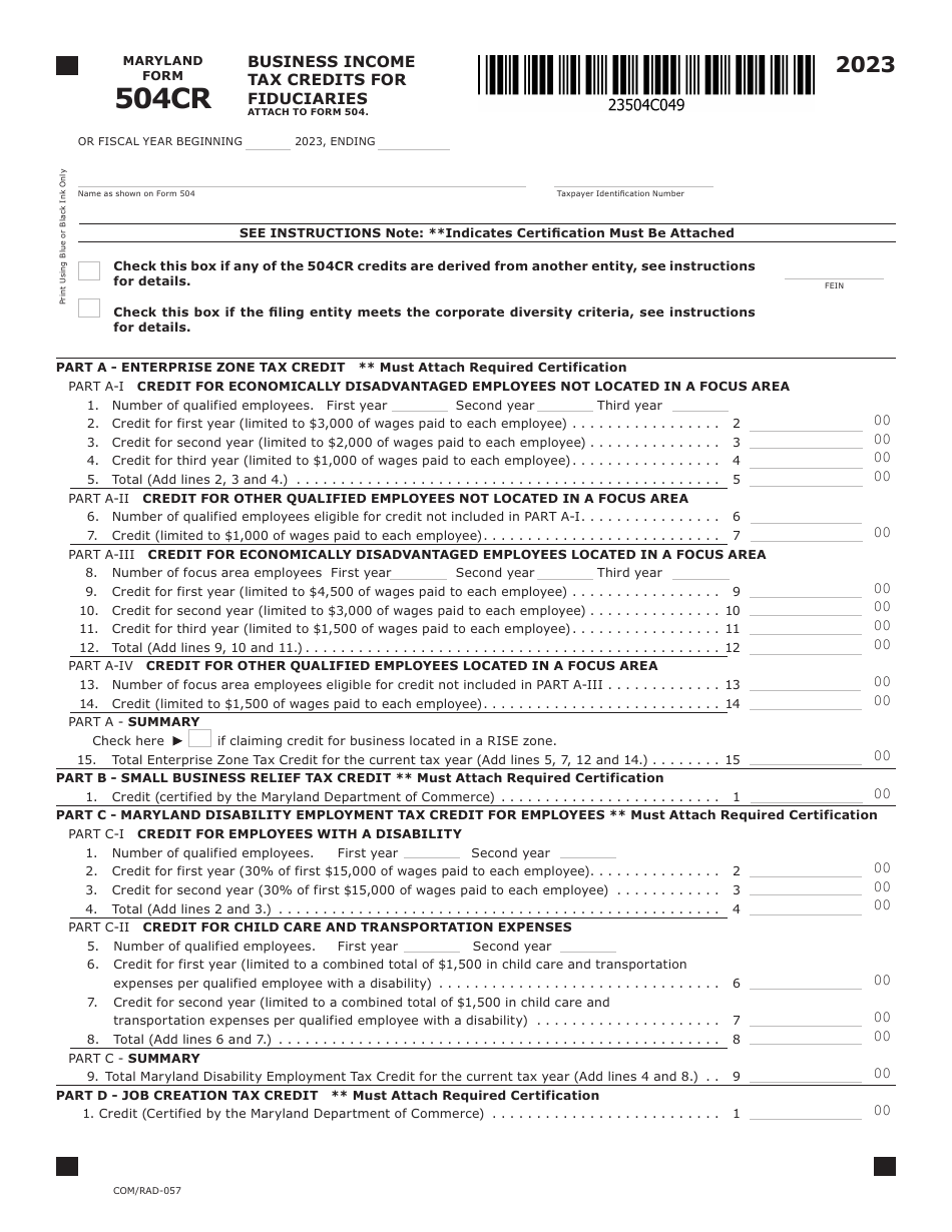 Maryland Form 504CR (COM / RAD-057) Business Income Tax Credits for Fiduciaries - Maryland, Page 1