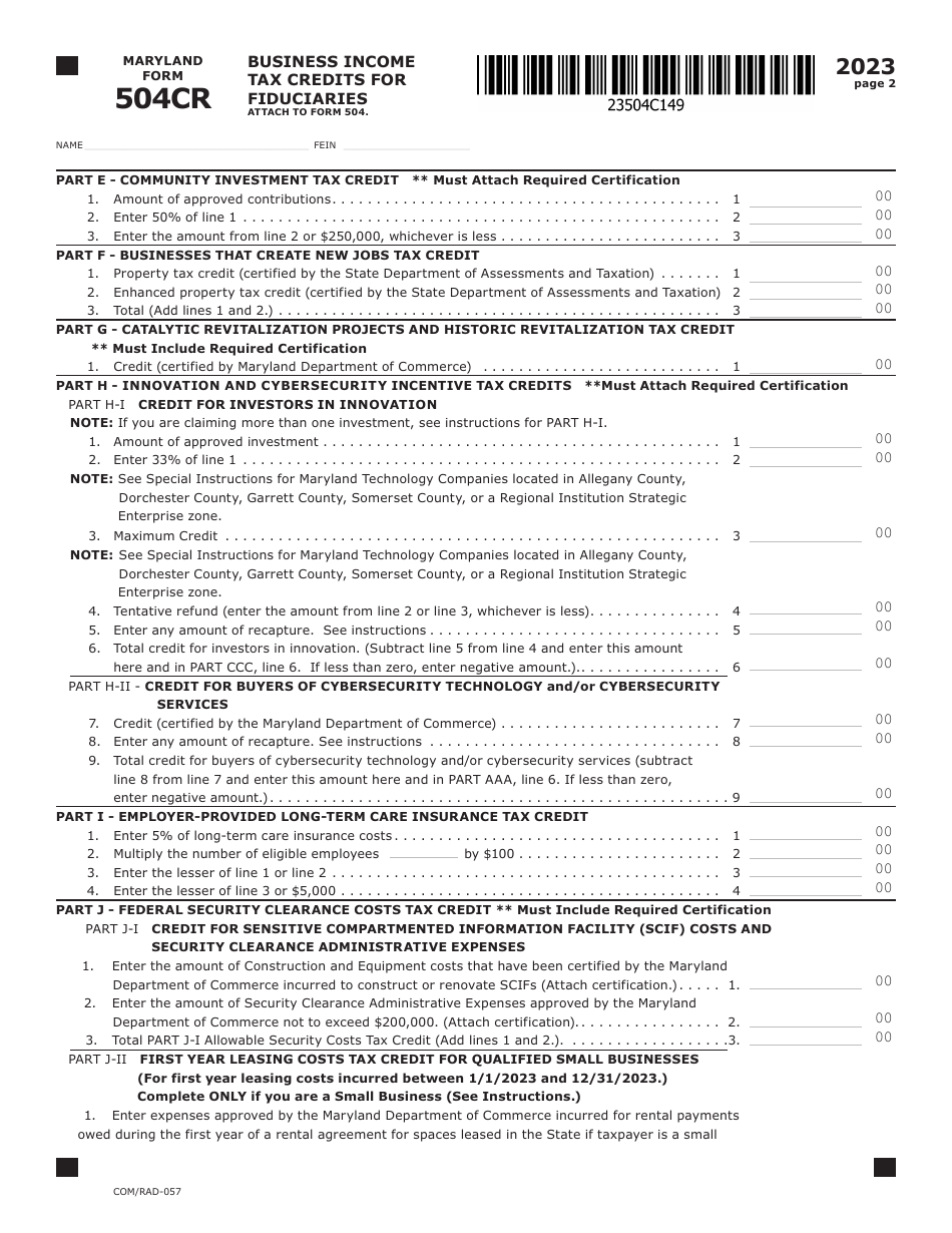 Maryland Form 504CR (COM / RAD-057) Business Income Tax Credits for Fiduciaries - Maryland, Page 2