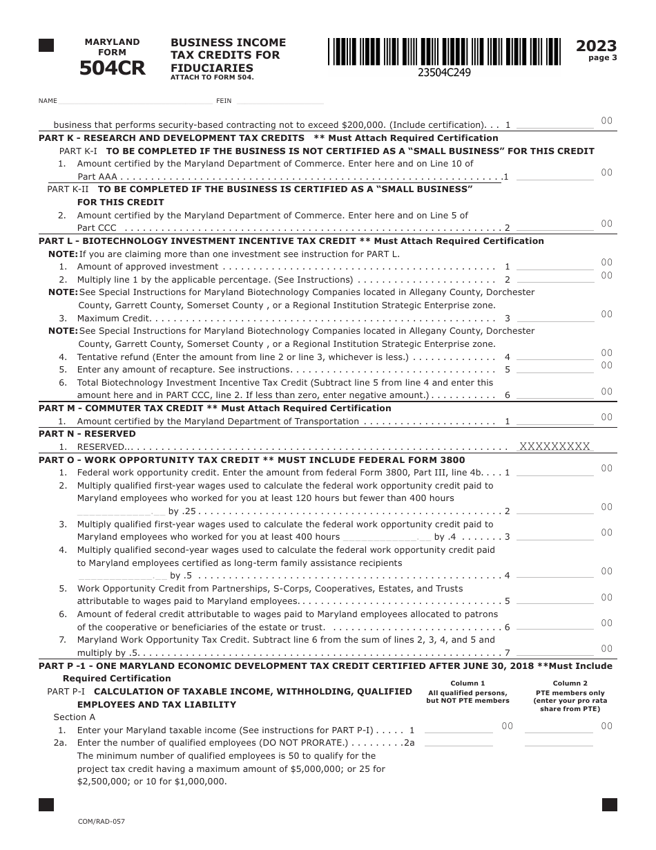 Maryland Form 504CR (COM / RAD-057) Business Income Tax Credits for Fiduciaries - Maryland, Page 3