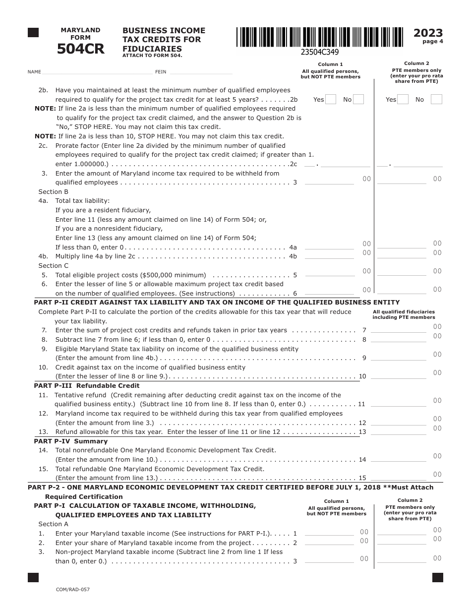 Maryland Form 504CR (COM / RAD-057) Business Income Tax Credits for Fiduciaries - Maryland, Page 4