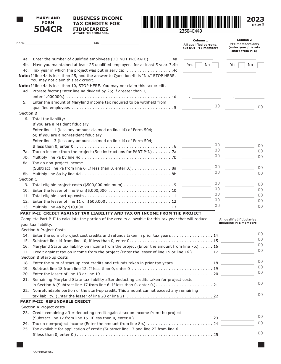 Maryland Form 504CR (COM / RAD-057) Business Income Tax Credits for Fiduciaries - Maryland, Page 5