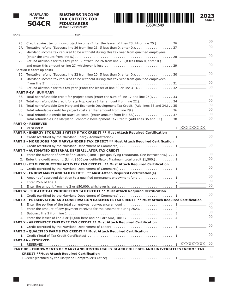 Maryland Form 504CR (COM / RAD-057) Business Income Tax Credits for Fiduciaries - Maryland, Page 6