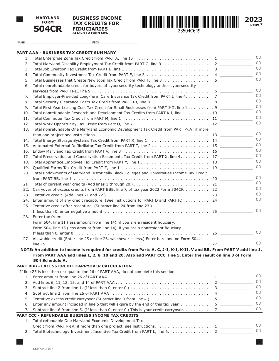 Maryland Form 504CR (COM / RAD-057) Business Income Tax Credits for Fiduciaries - Maryland, Page 7