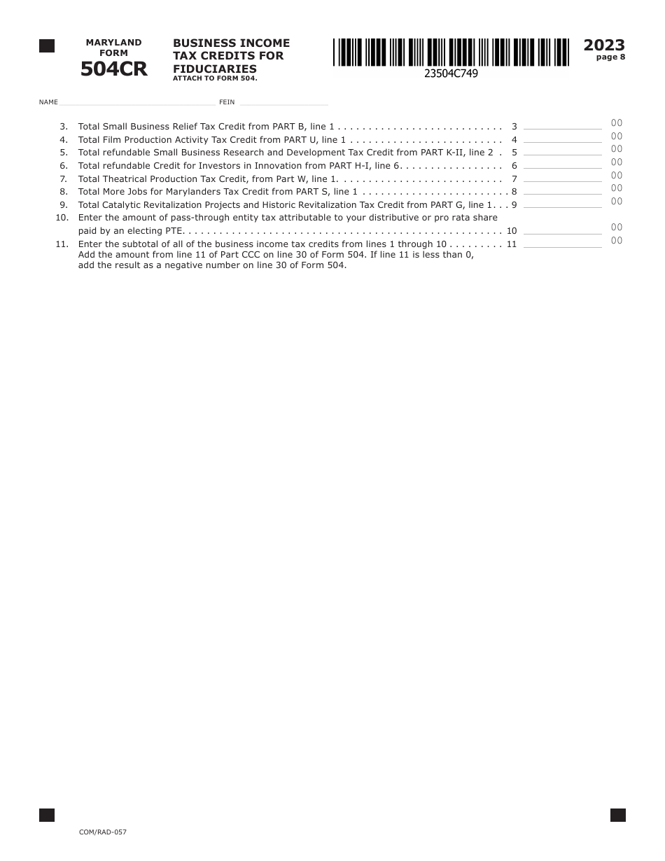 Maryland Form 504CR (COM / RAD-057) Business Income Tax Credits for Fiduciaries - Maryland, Page 8