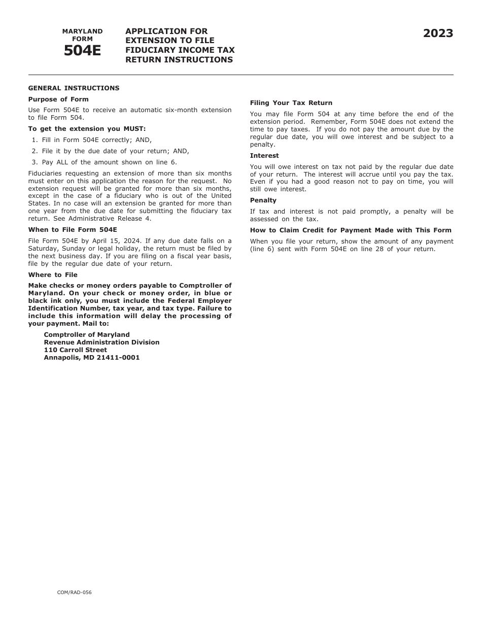 Maryland Form 504E (COM / RAD-056) Application for Extension to File Fiduciary Income Tax Return - Maryland, Page 2