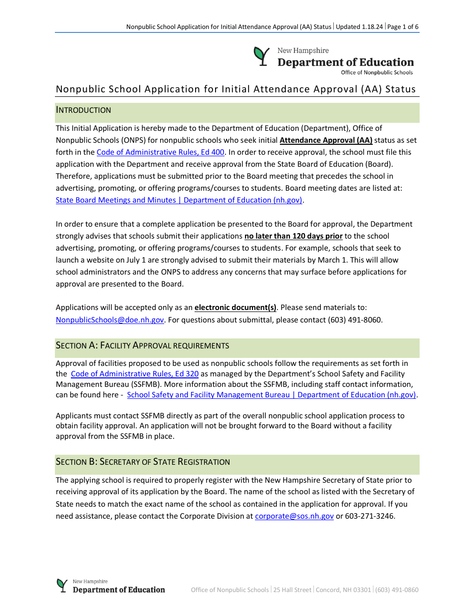 Nonpublic School Application for Initial Attendance Approval (Aa) Status - New Hampshire, Page 1