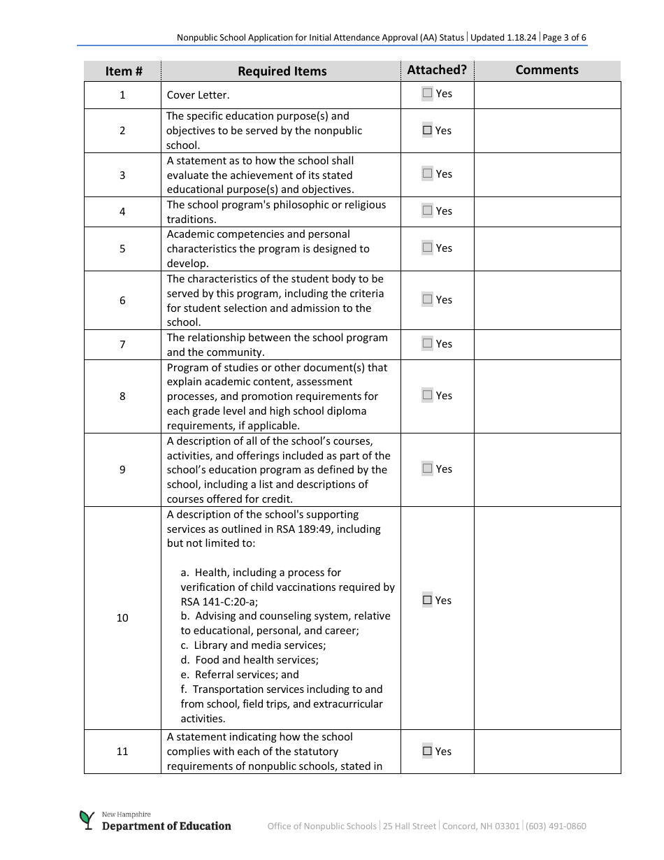 Nonpublic School Application for Initial Attendance Approval (Aa) Status - New Hampshire, Page 3