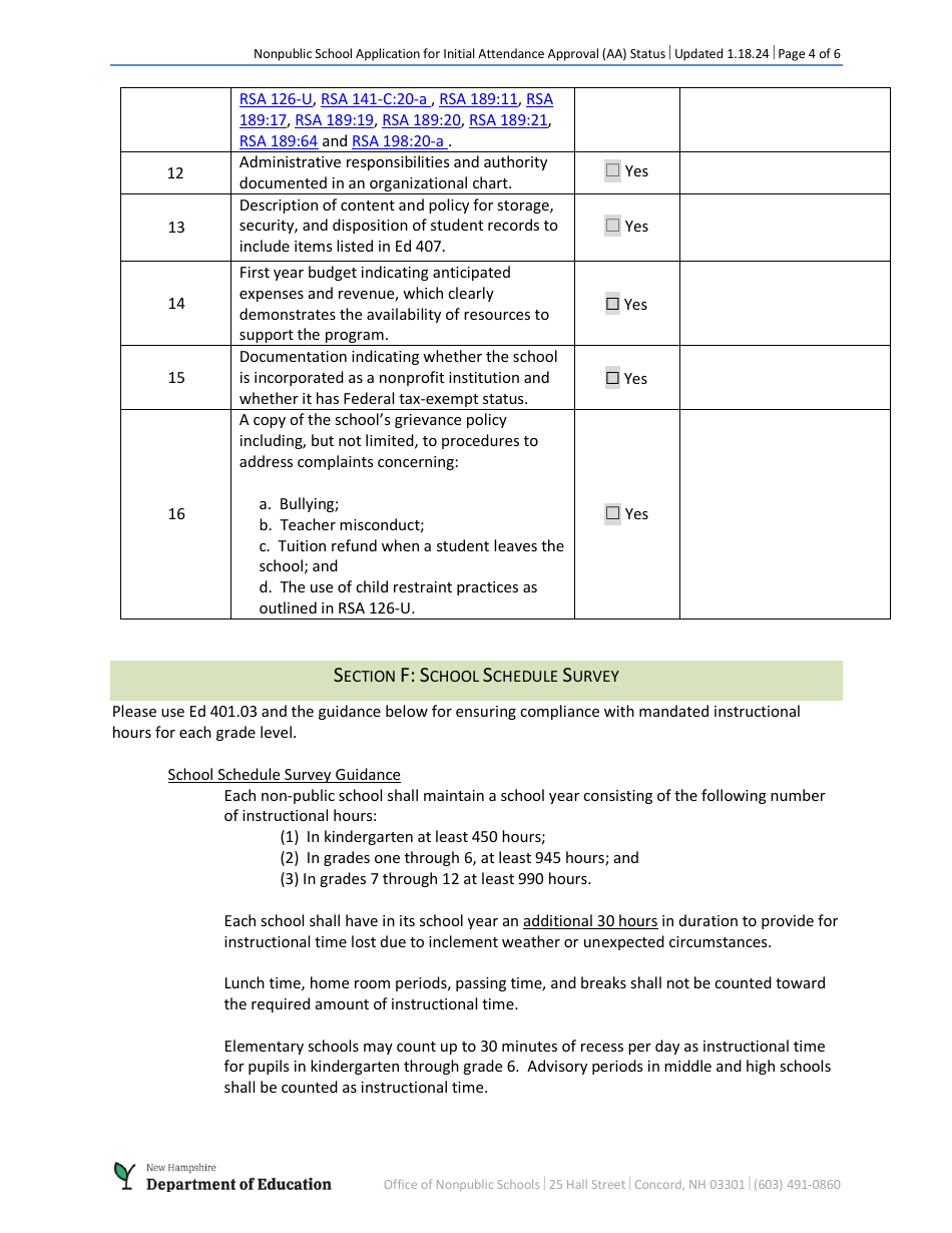 Nonpublic School Application for Initial Attendance Approval (Aa) Status - New Hampshire, Page 4