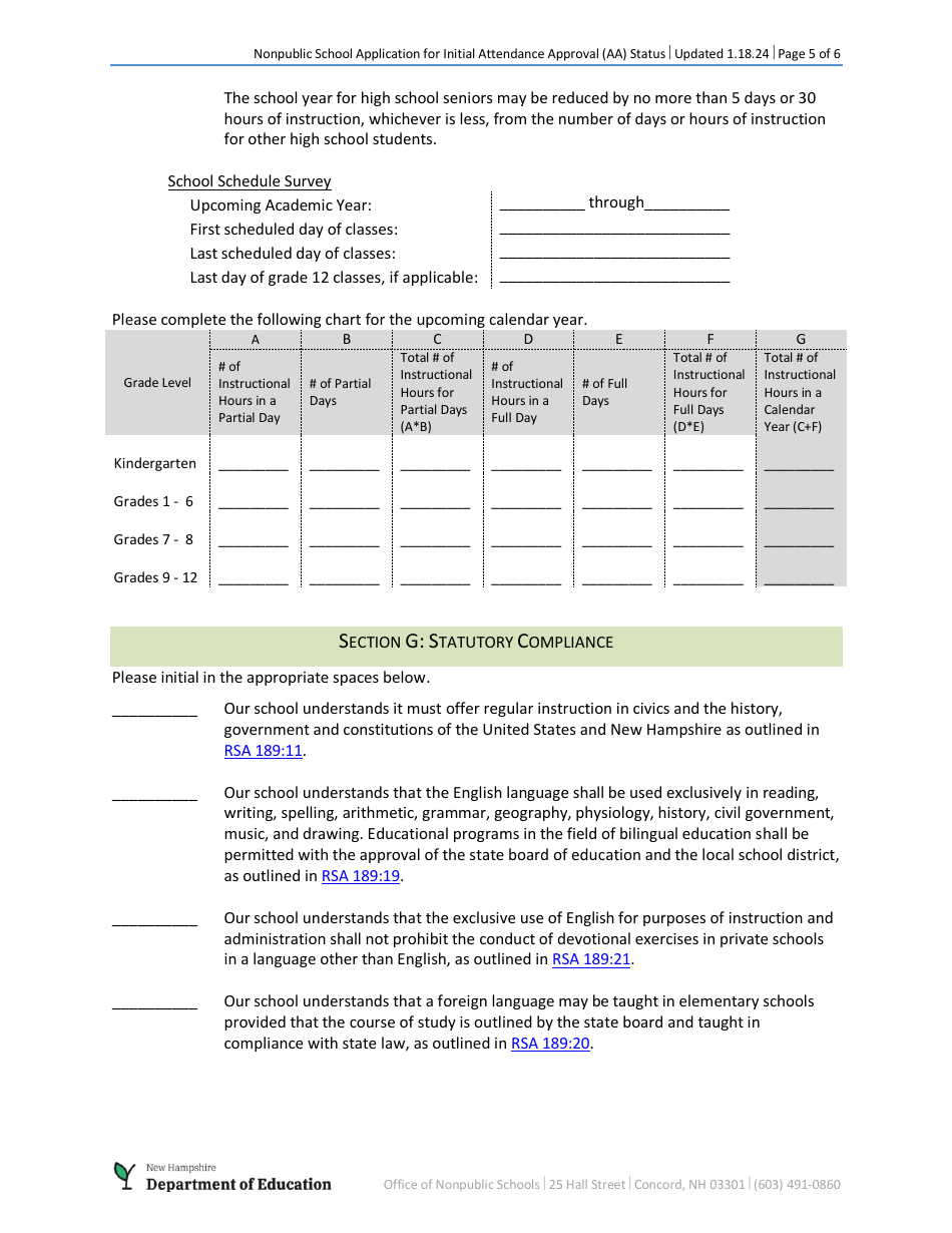 Nonpublic School Application for Initial Attendance Approval (Aa) Status - New Hampshire, Page 5