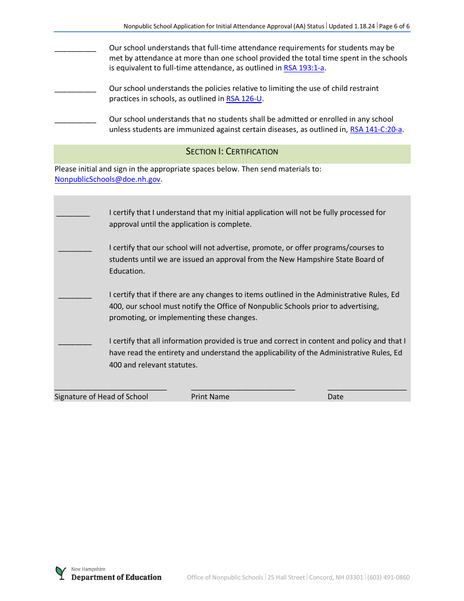 Nonpublic School Application for Initial Attendance Approval (Aa) Status - New Hampshire, Page 6