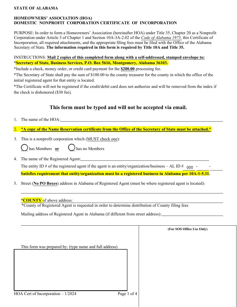 Alabama Homeowners' Association (Hoa) Domestic Nonprofit Corporation