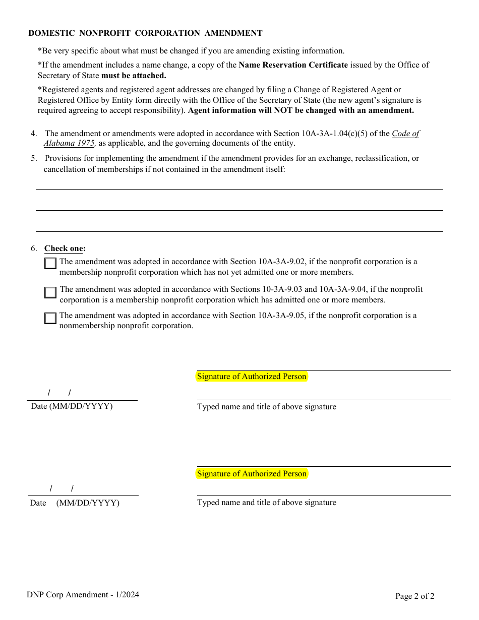 Domestic Nonprofit Corporation Certificate of Amendment - Alabama, Page 2