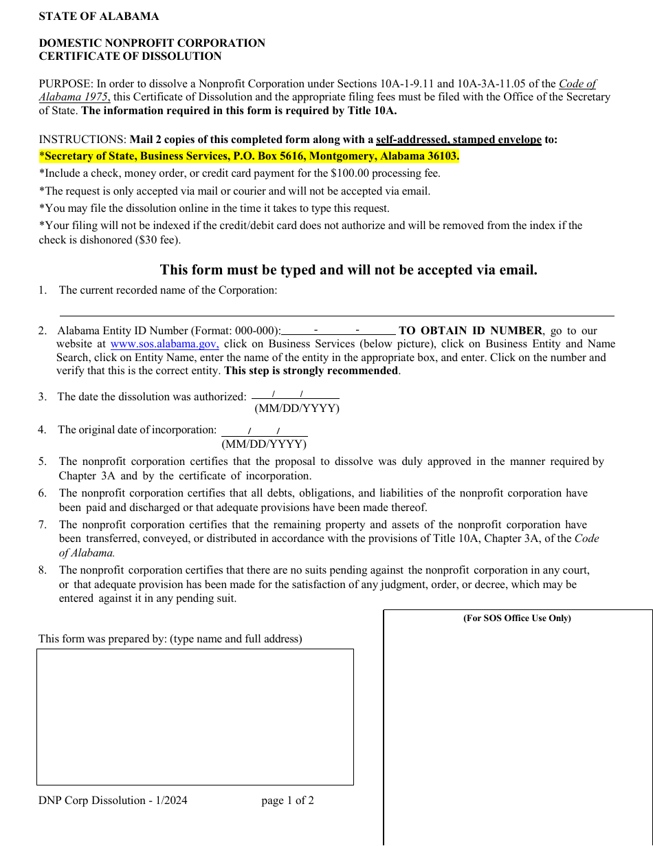 Domestic Nonprofit Corporation Certificate of Dissolution - Alabama, Page 1