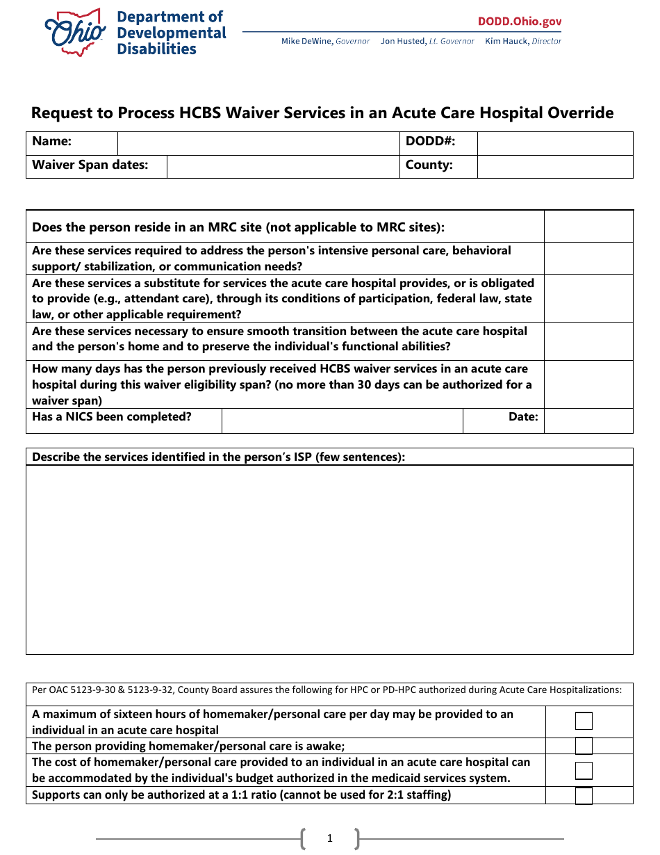 Request to Process Hcbs Waiver Services in an Acute Care Hospital Override - Ohio, Page 1