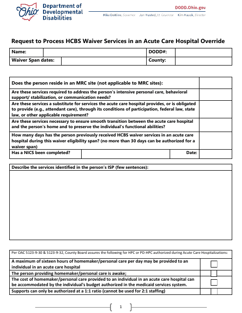 Request to Process Hcbs Waiver Services in an Acute Care Hospital Override - Ohio Download Pdf