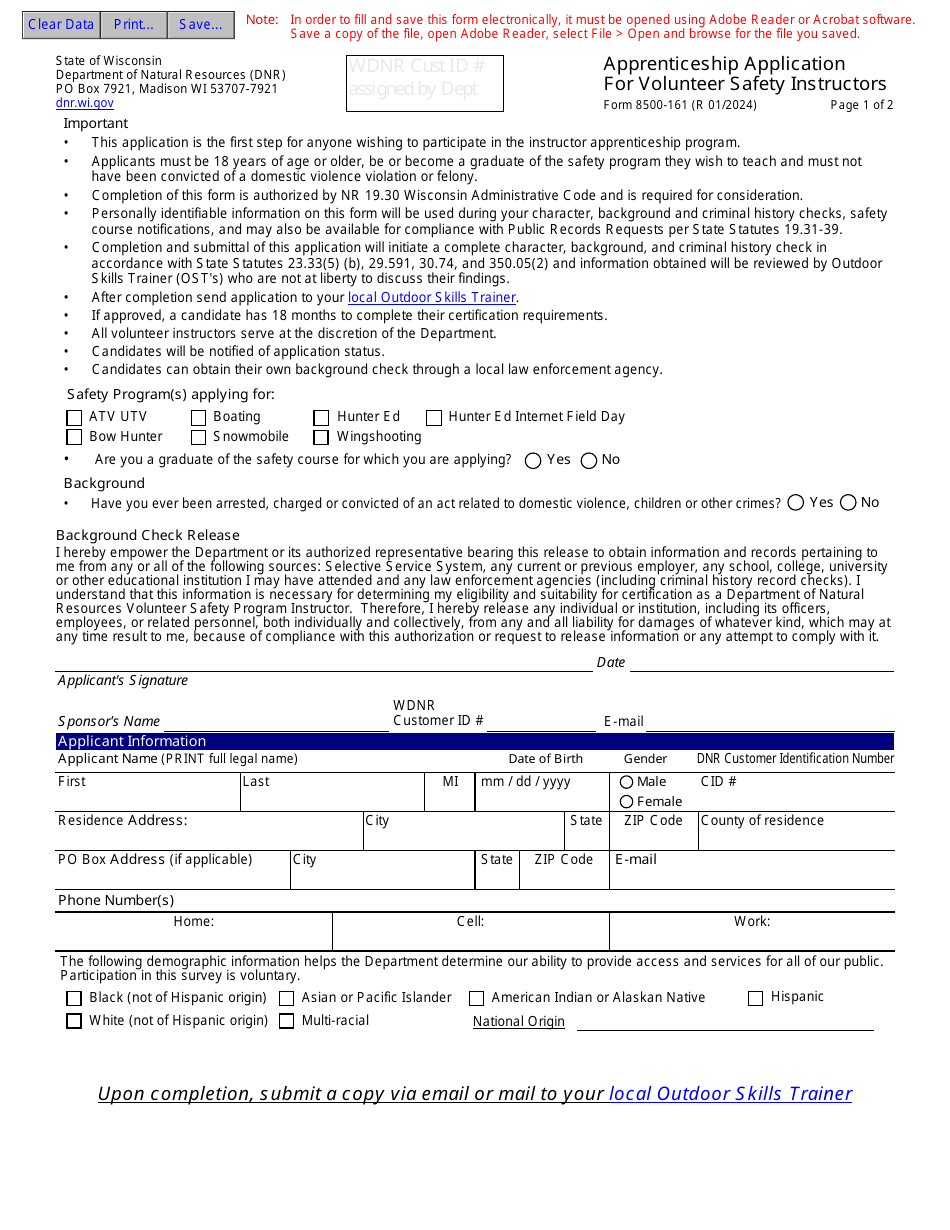 Form 8500-161 Apprenticeship Application for Volunteer Safety Instructors - Wisconsin, Page 1