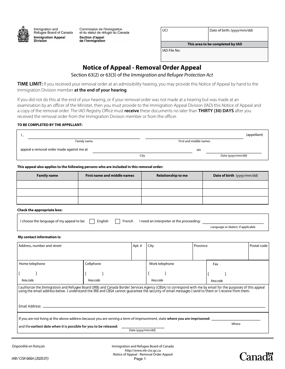 Form IRB / CISR666A Notice of Appeal - Removal Order Appeal - Toronto - Canada, Page 1