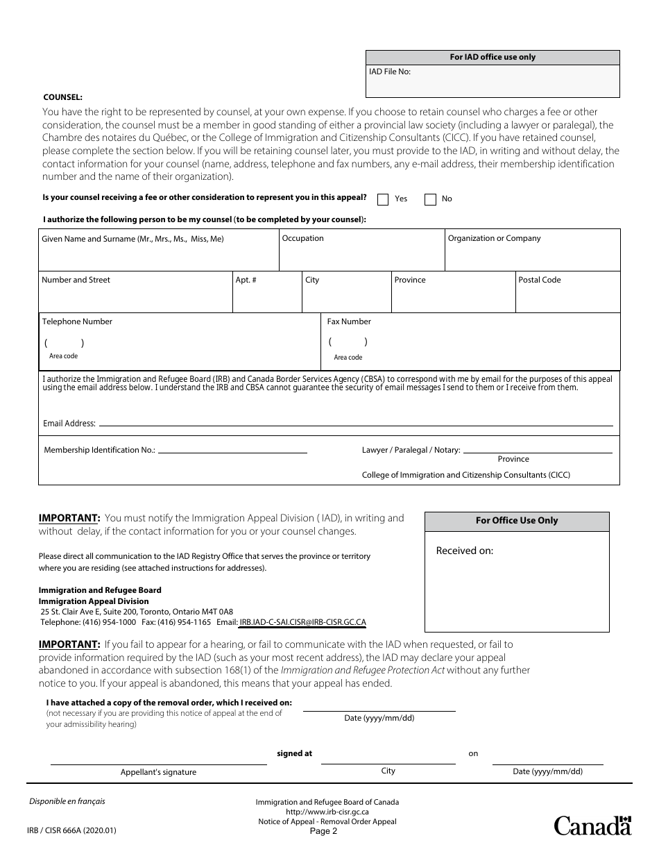 Form IRB / CISR666A Notice of Appeal - Removal Order Appeal - Toronto - Canada, Page 2