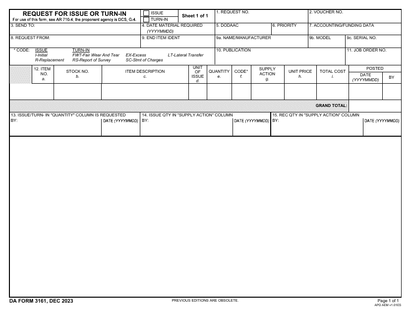 DA Form 3161 Download Fillable PDF or Fill Online Request for Issue or Turn-In 2017 — 2024 | Templateroller