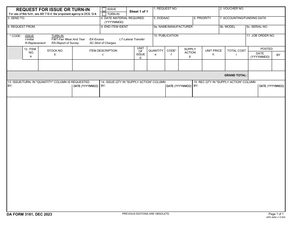 Da Form 3161 Download Fillable Pdf Or Fill Online Request For Issue Or Turn In 2017 — 2024 4129