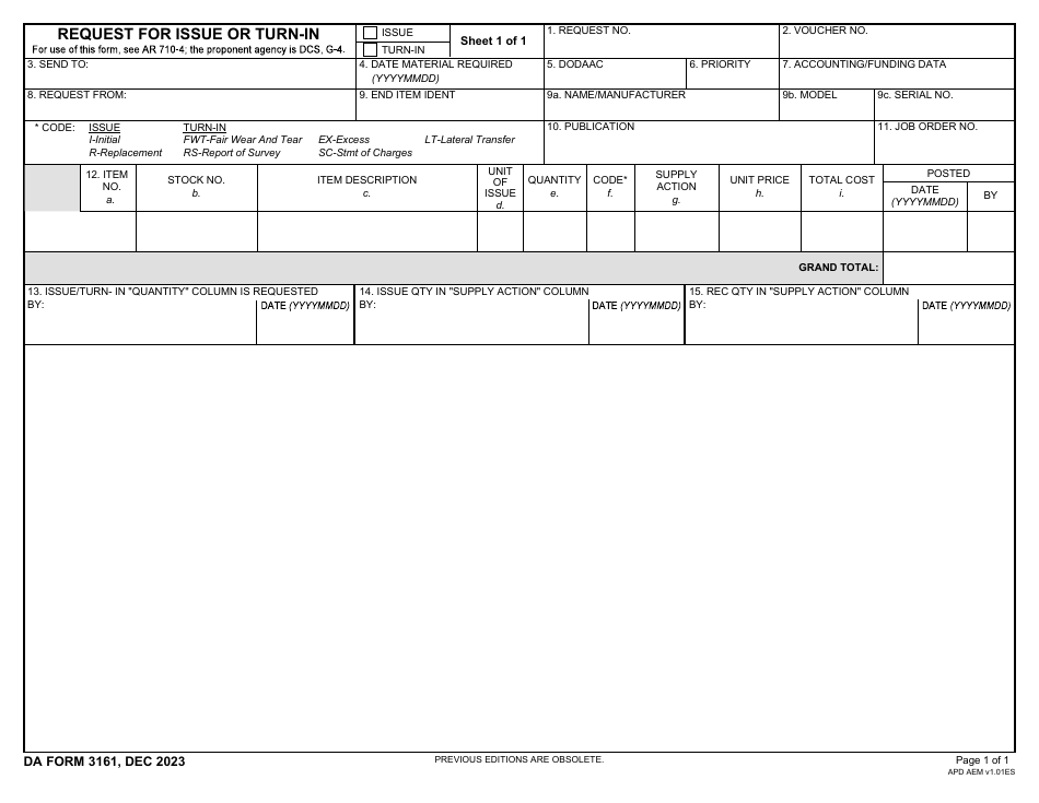DA Form 3161 Request for Issue or Turn-In, Page 1