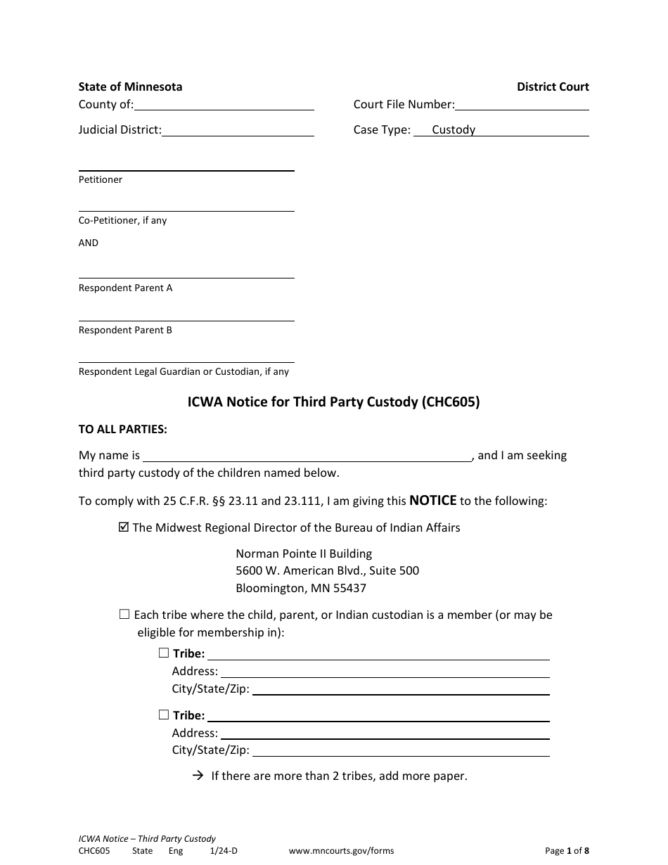 Form CHC605 Icwa Notice for Third Party Custody - Minnesota, Page 1