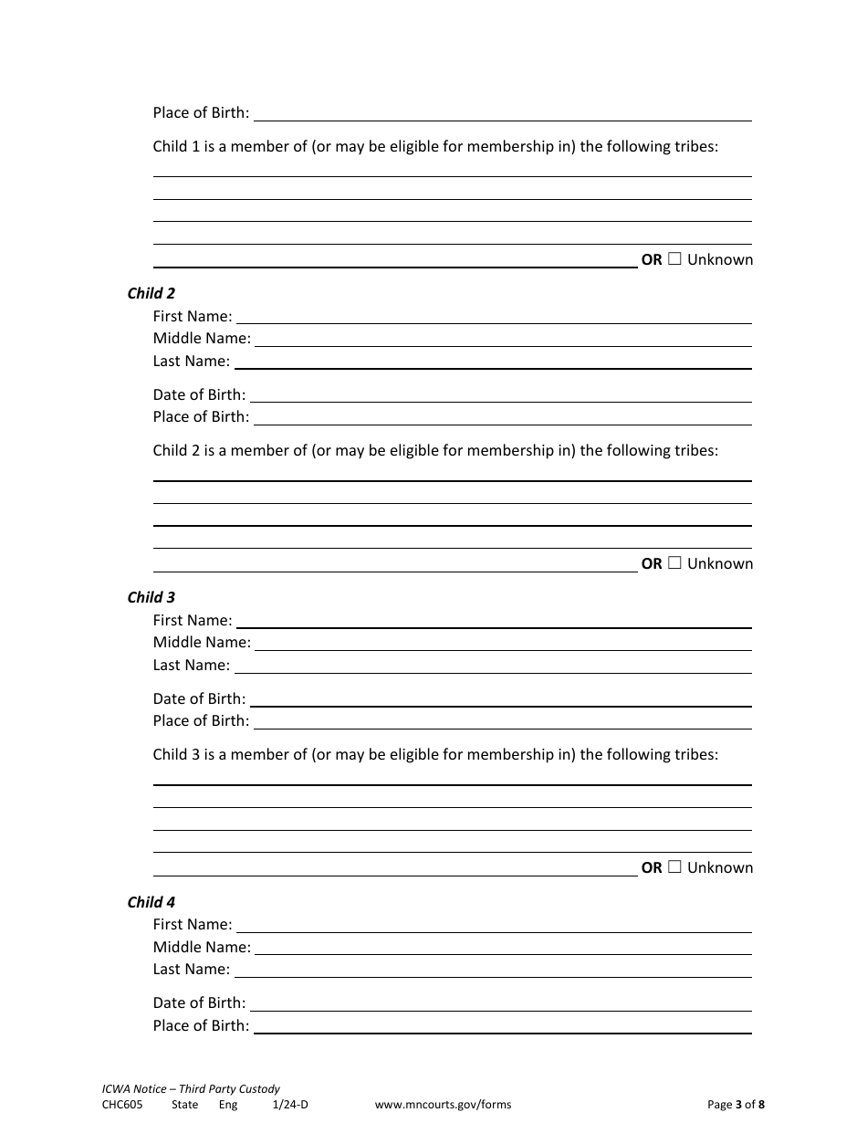 Form CHC605 Icwa Notice for Third Party Custody - Minnesota, Page 3